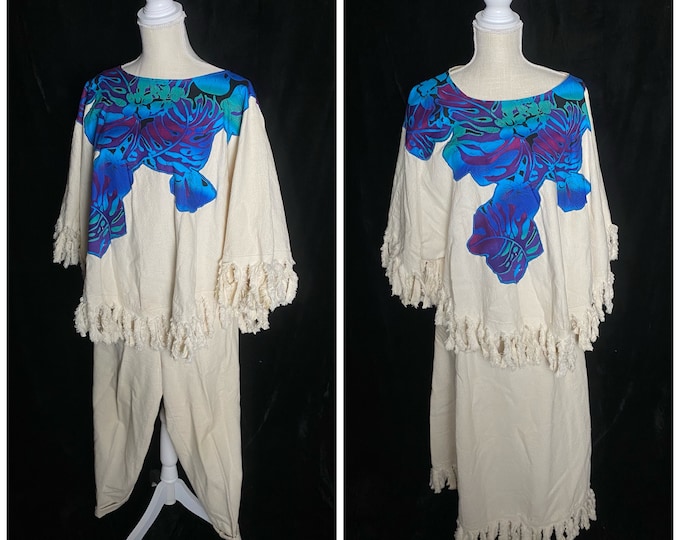 pants skirt and poncho size large Vintage 1980\u2019s Alfredo\u2019s Wife beige linen three piece beachy ensemble