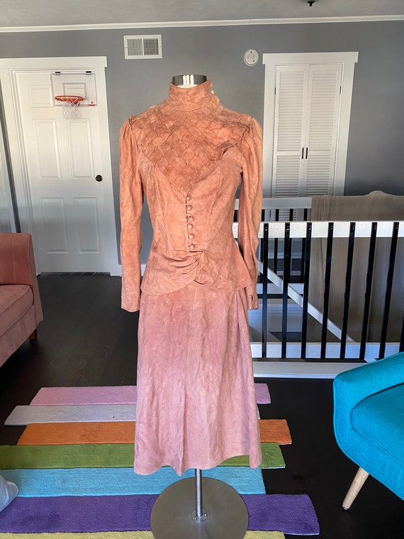 Vintage 1970's light pink suede skirt and jacket set, Animal Rainbow London England by Diana Leslie size XS/small