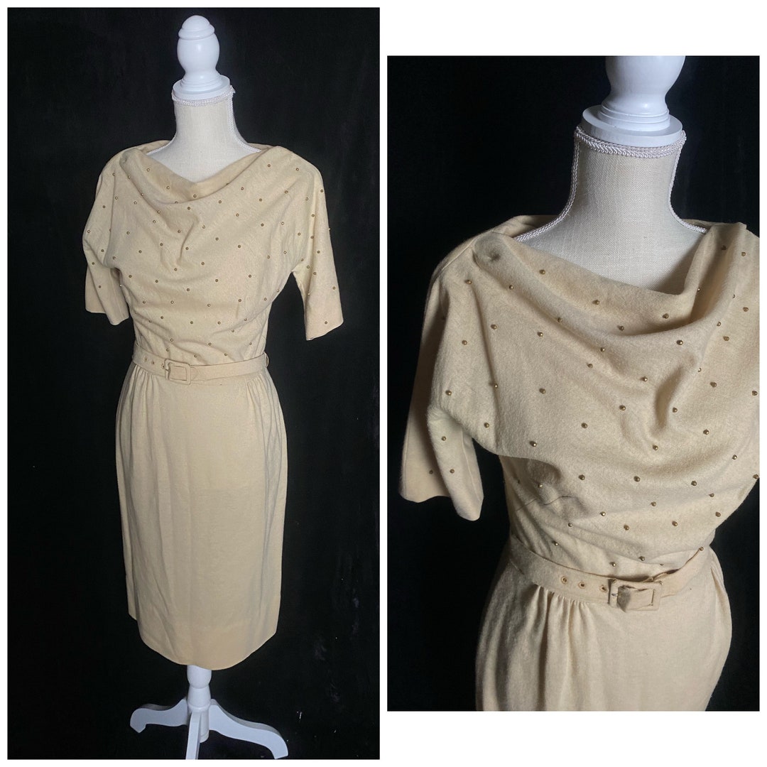 Vintage 1950s Tan Wool Jeanette Alexander Dress With Cowl Neck and ...