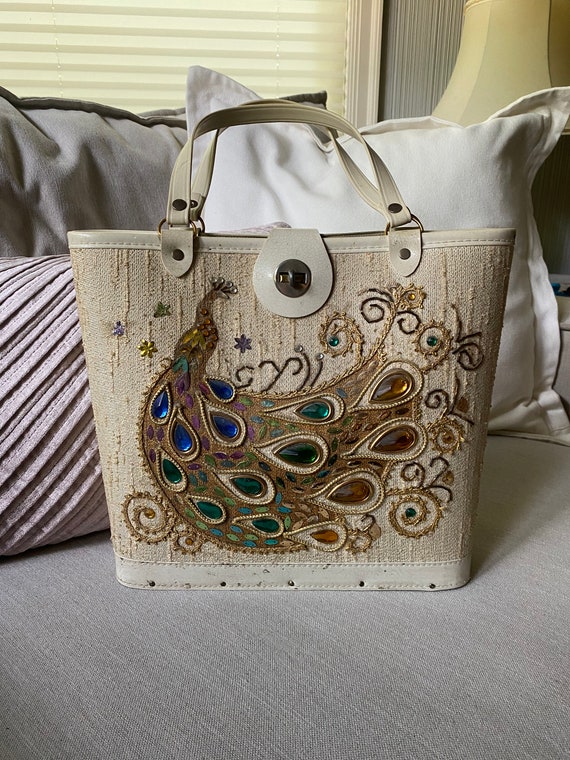 Vintage 1960's Jeweled Peacock Wood Bottom Purse - image 1