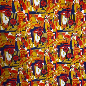 Vintage 1970’s dead stock orange, red and blue saloon fabric yardage, cowboys and cancan girls