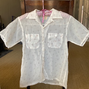 Vintage 1950's Pilgrim Sportswear Sheer White Short Sleeve Button Up Men's Collar Nylon Shirt, size medium large image 1