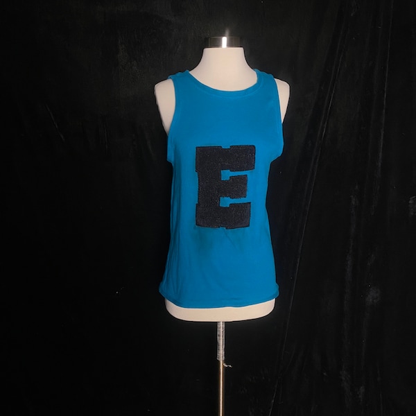 Vintage 1950’s 1960’s blue school sports athletic gym class tank top with letter E, letterman E, size small