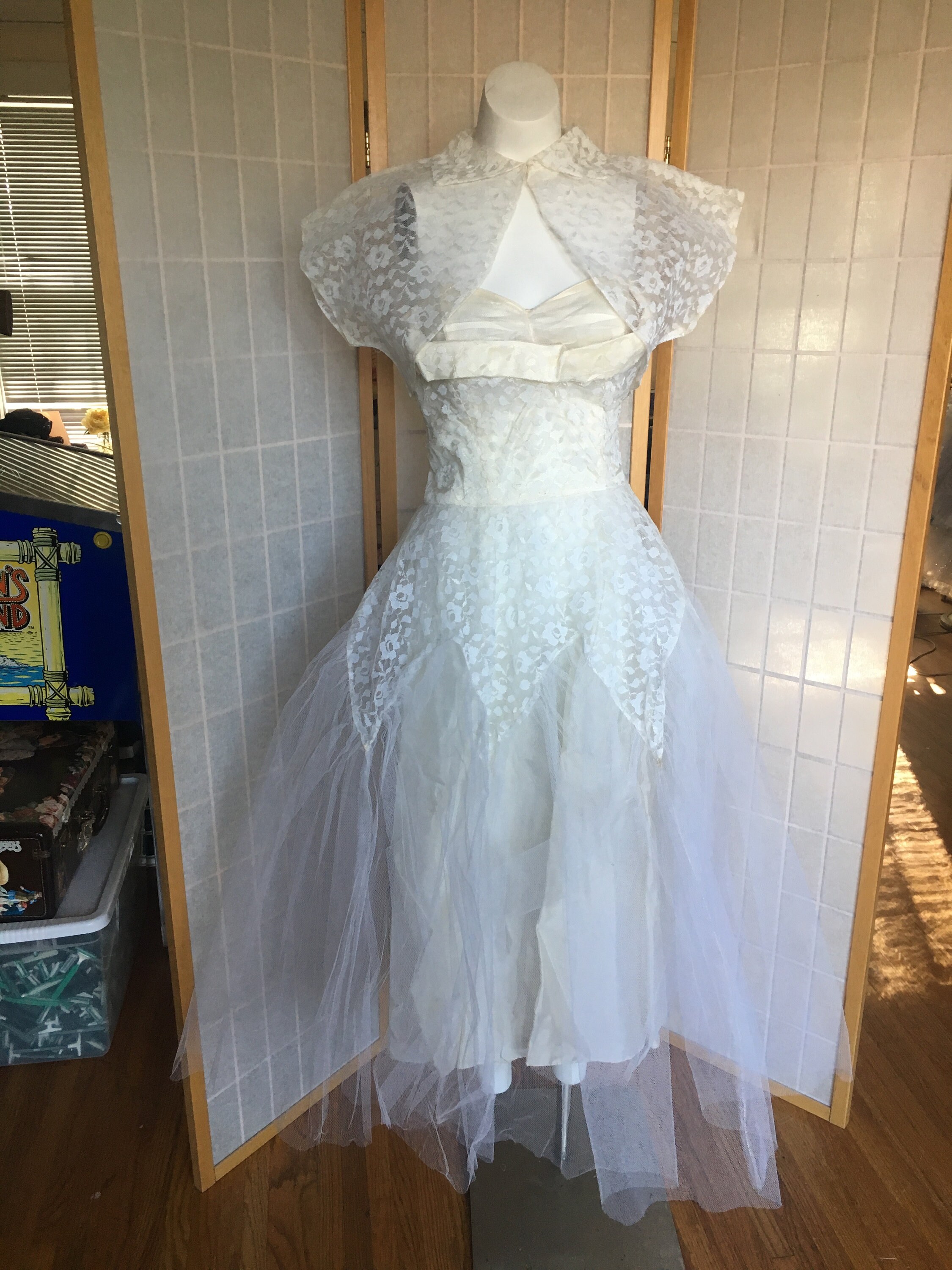 Vintage 1950's White Tea Length Tulle, Lace, and Satin