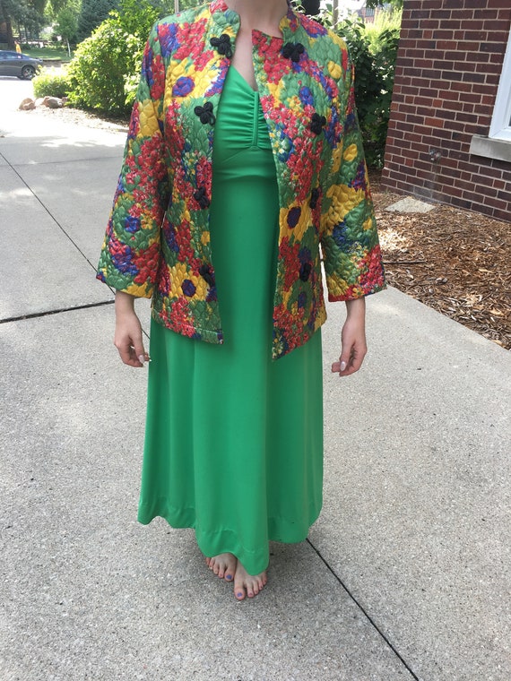 Vintage Green Dress with Multicolor Quilted Jacket