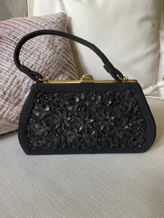 Vintage 1950's Black Floral Top Handle Purse