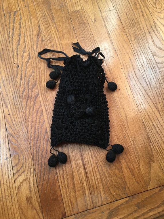 Vintage Antique Black Crochet String Gather Hand B