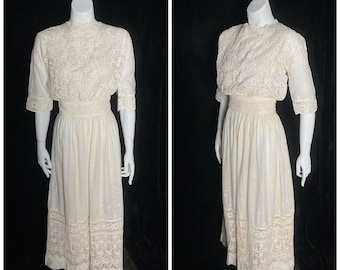 Antiguo 1890 1896 vestido de novia de algodón de encaje blanco, tamaño xs