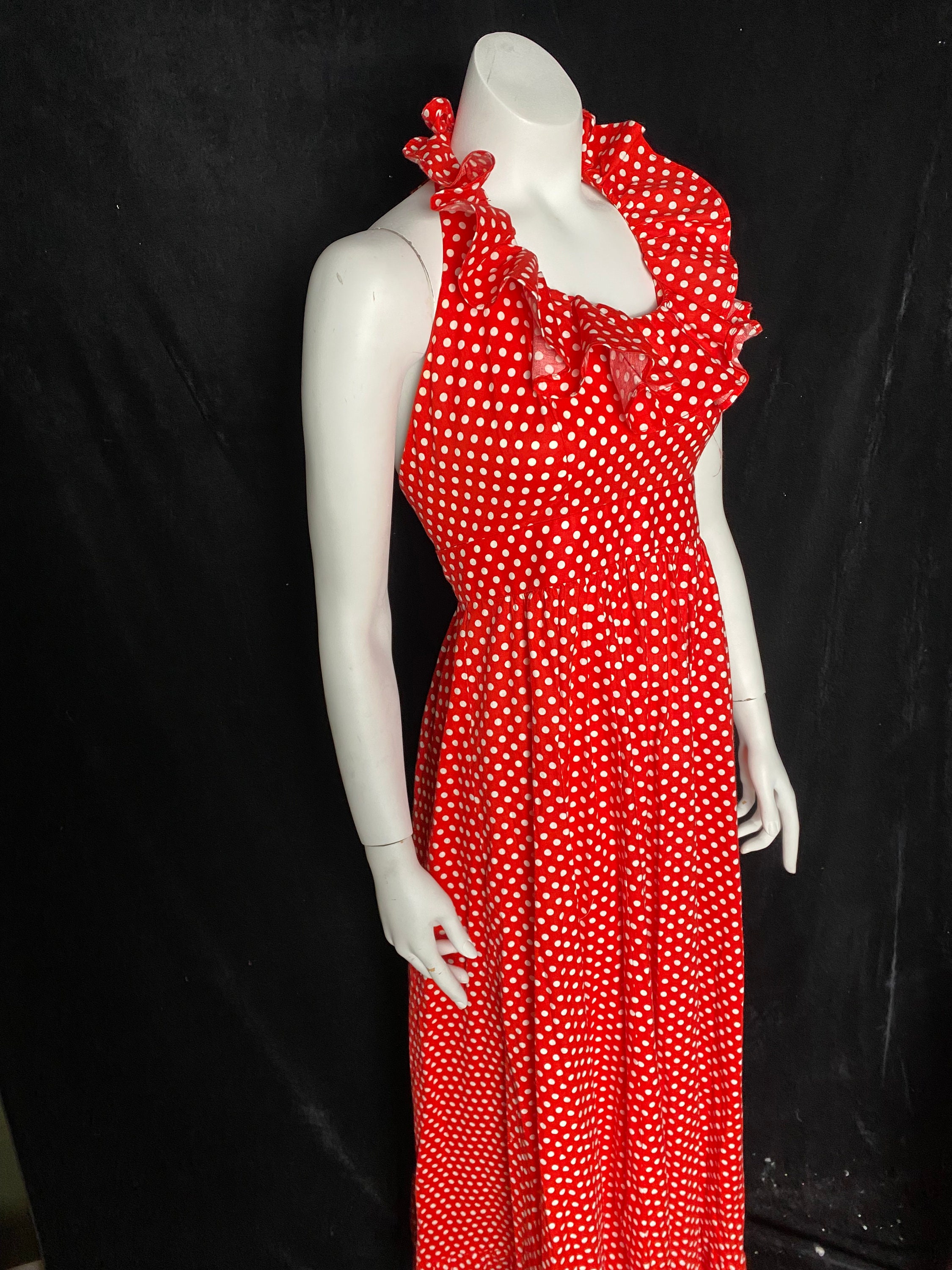 Vintage 1980's Red and White Polka Dot Halter Top Maxi Dress