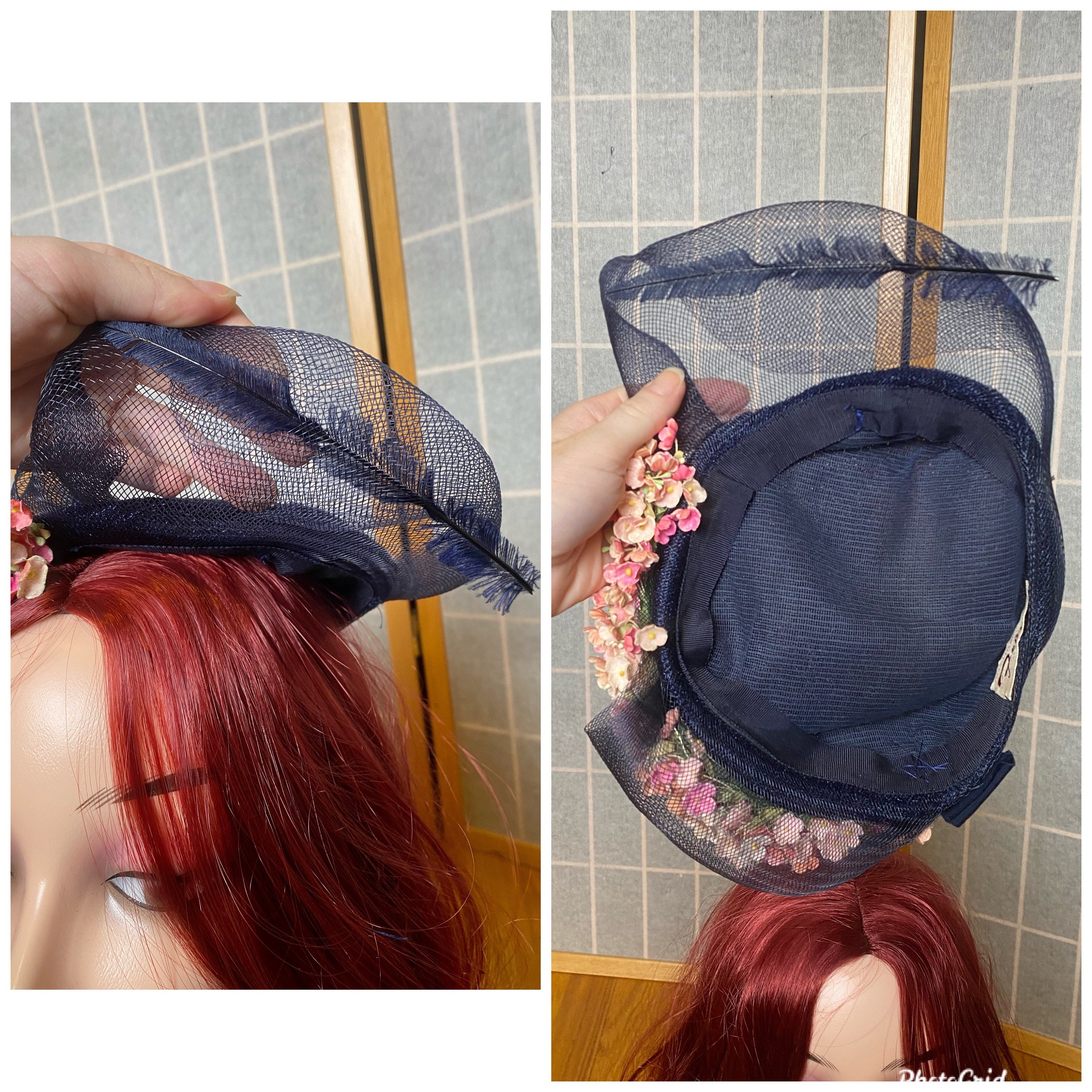 1950’s Elegant Navy Blue Fascinator with Netting. Authentic Vintage Fascinator Hat 1950s Dark Blue Velvet Ribbon Bow  main image 3