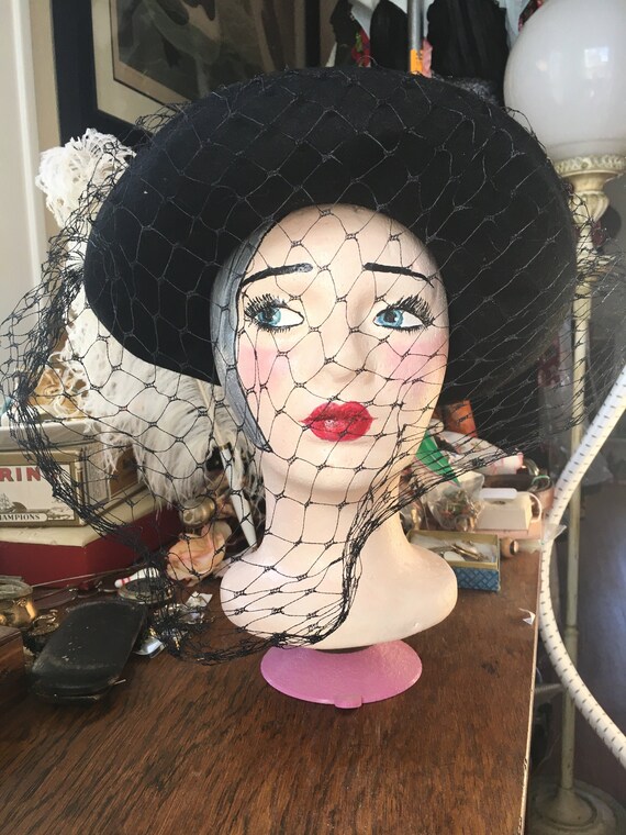 Vintage 1930's Black Hat with Large Eye and Face … - image 1
