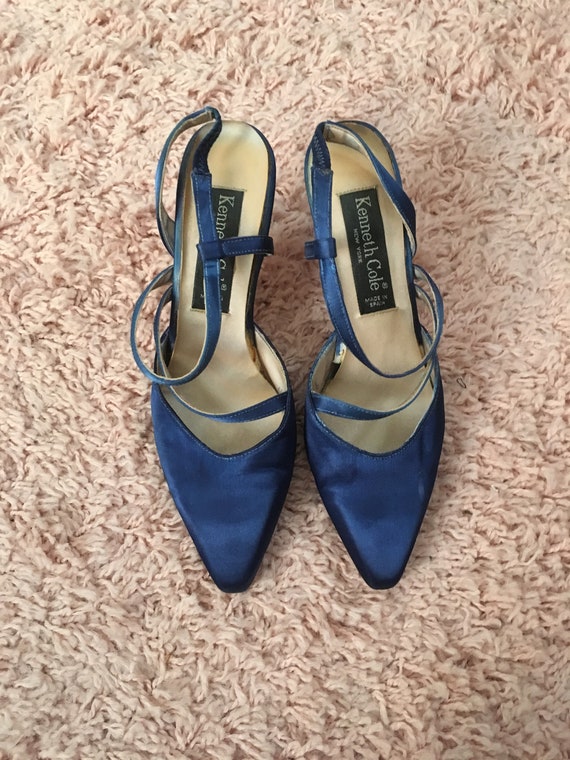 blue satin kitten heels