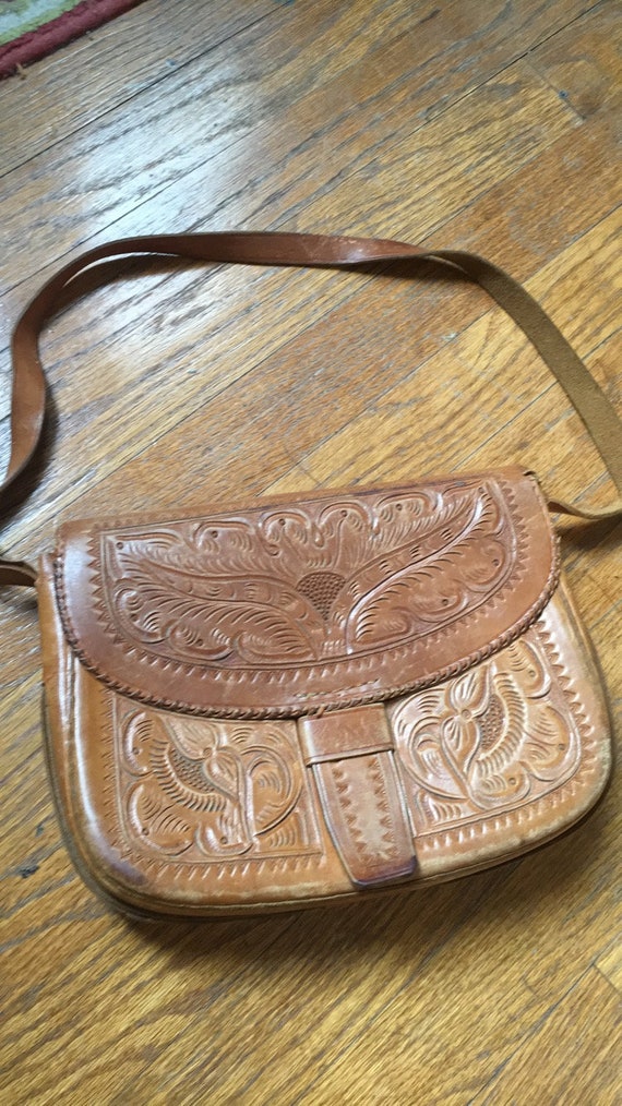 Vintage Brown Tooled Leather Handbag Purse