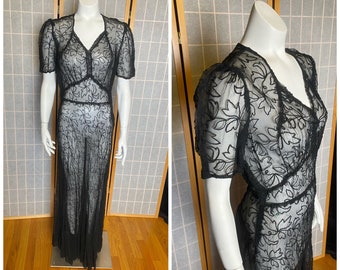 Vintage 1930’s sheer black mesh netting dress with leaf pattern, size medium