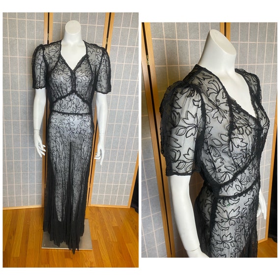 Vintage 1930’s sheer black mesh netting dress wit… - image 1