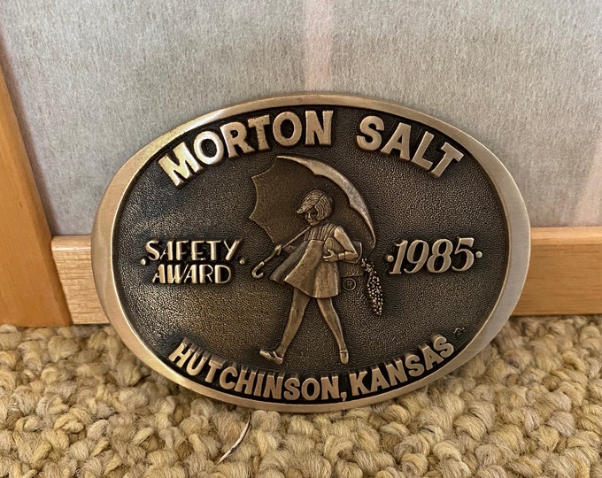 Vintage 1980s Large Oval Brass Belt Buckle, Morton Salt Hutchinson