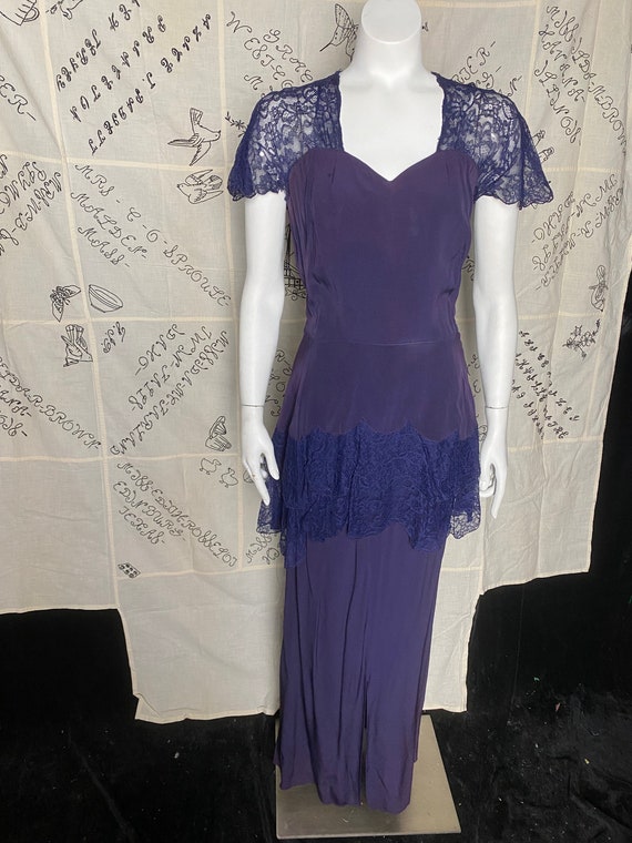 Vintage 1940’s purple blue peplum gown and lace, s