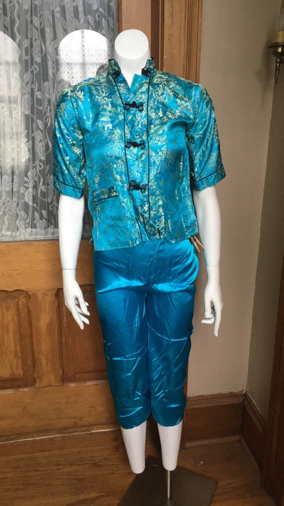 Vintage Blue Silky Asian Pant and Blouse Set, size