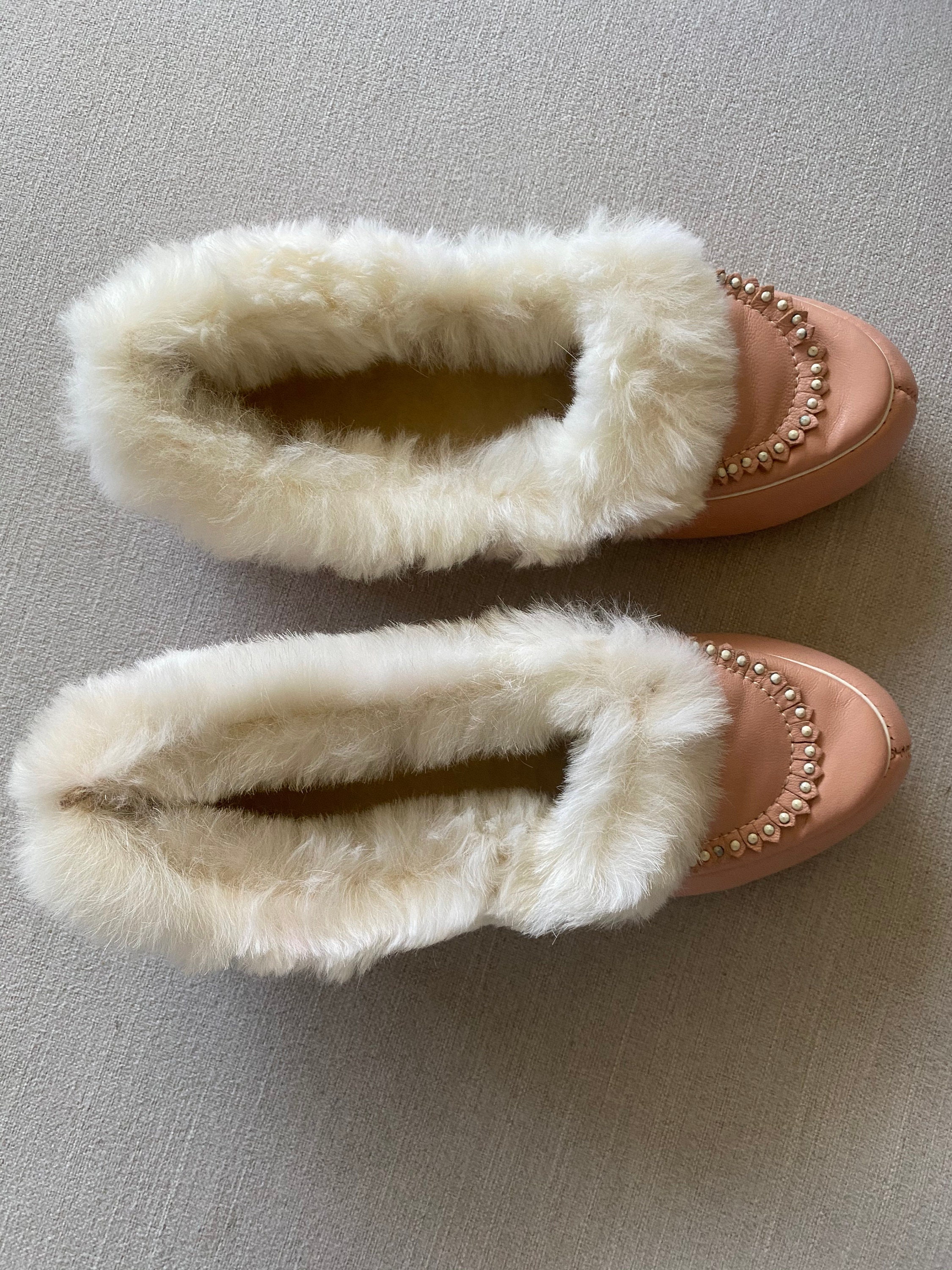 Vintage 1960'S Pink Leather Moccasins With White Rabbit | Etsy
