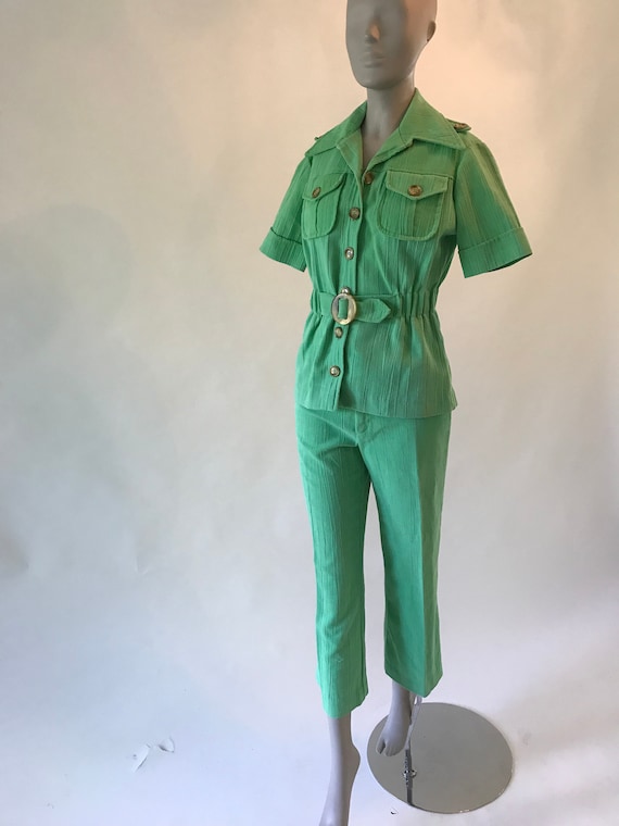 Vintage 1970s linen look green suit with pants an… - image 1