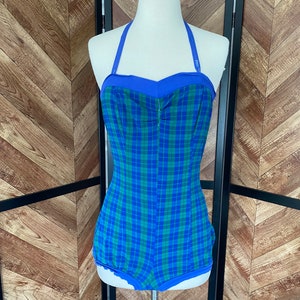 Vintage 1940’s green and blue plaid one piece suit, size xs