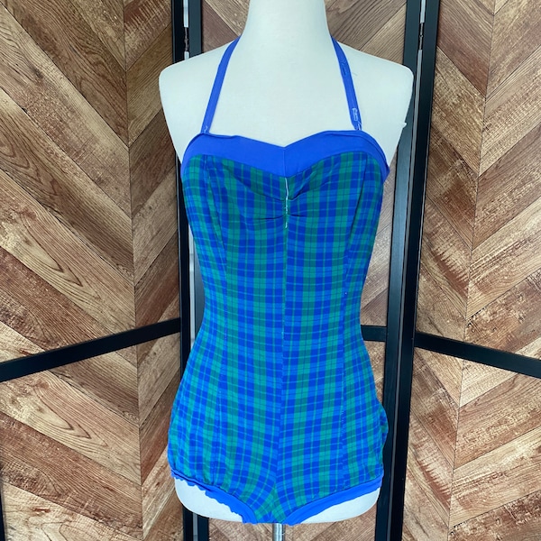 Vintage 1940’s green and blue plaid one piece suit, size small