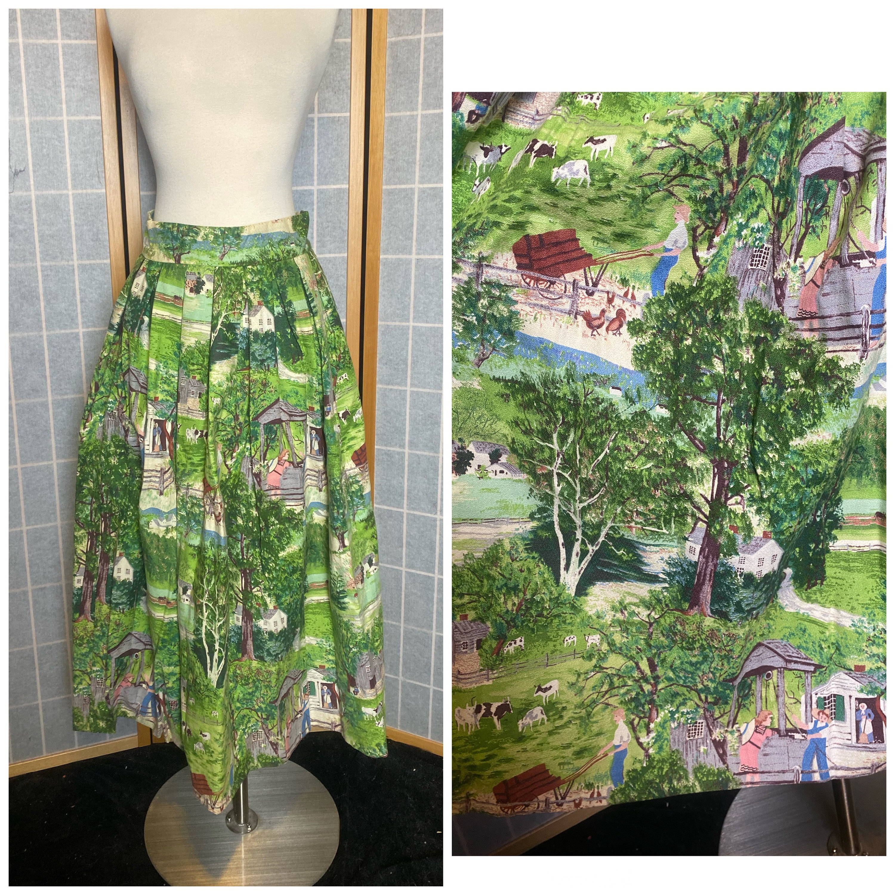 Vintage 1950's Green Grandma Moses Fabric Skirt, Size Small