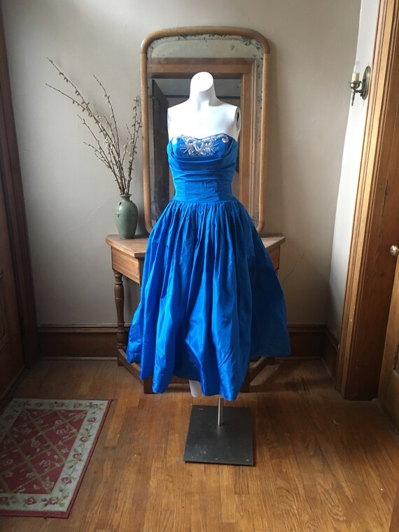 Vintage Royal Blue 1950's Strapless Party Dress, S