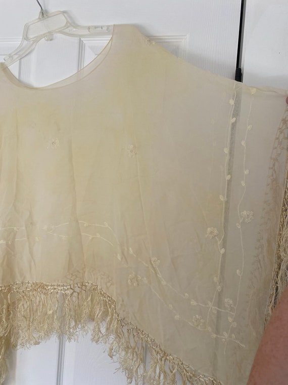 Vintage antique 1920’s sheer cream fringe shawl b… - image 4