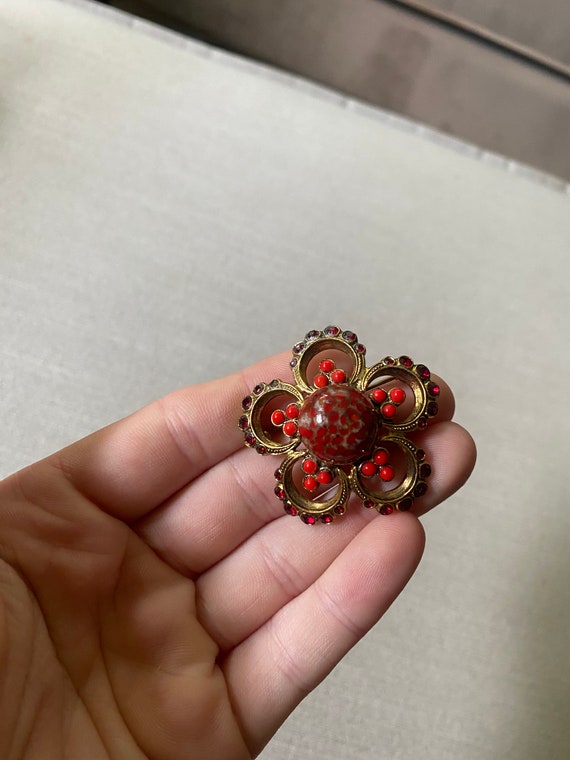 Vintage 1970's Red And Gold Beaded Brooch