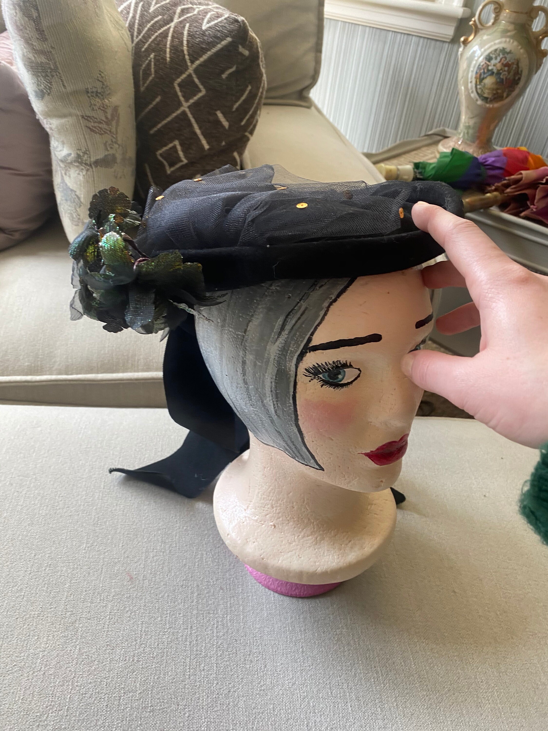 Black Sequin Pillbox Hat With Veil - Etsy display picture 1