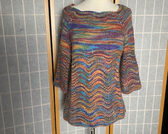 Vintage 1970’s colorful rainbow hand knit pullover sweater, size small medium