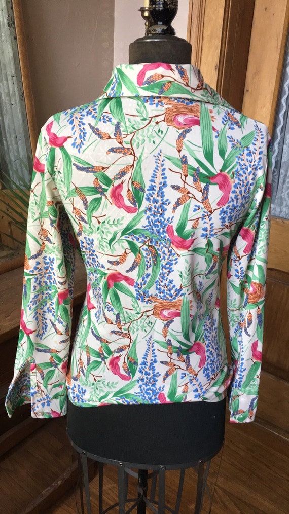 Vintage 1970's Tropical Polyester Long-Sleeve Blo… - image 3