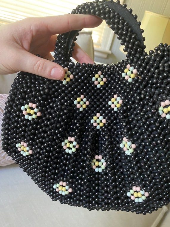 Vintage 1960's Black And Pastel Floral Beaded Pur… - image 3