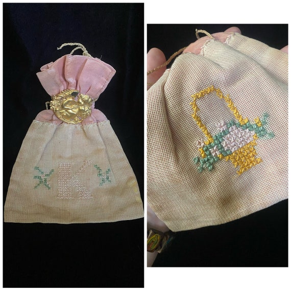 Vintage antique 1910s pink drawstring pouch bag w… - image 1