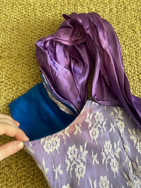 Vintage 1980's Purple Satin Dress With White Lace… - image 6