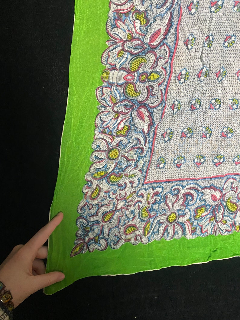 Vintage 1950s semi sheer lime green, white, pink and blue floral stretchy square scarf image 3