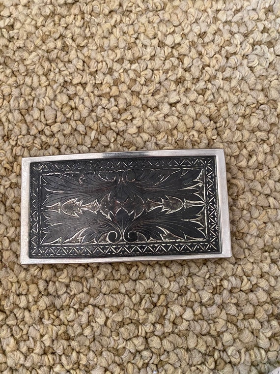 Vintage 1980’s silver etched rectangle belt buckle