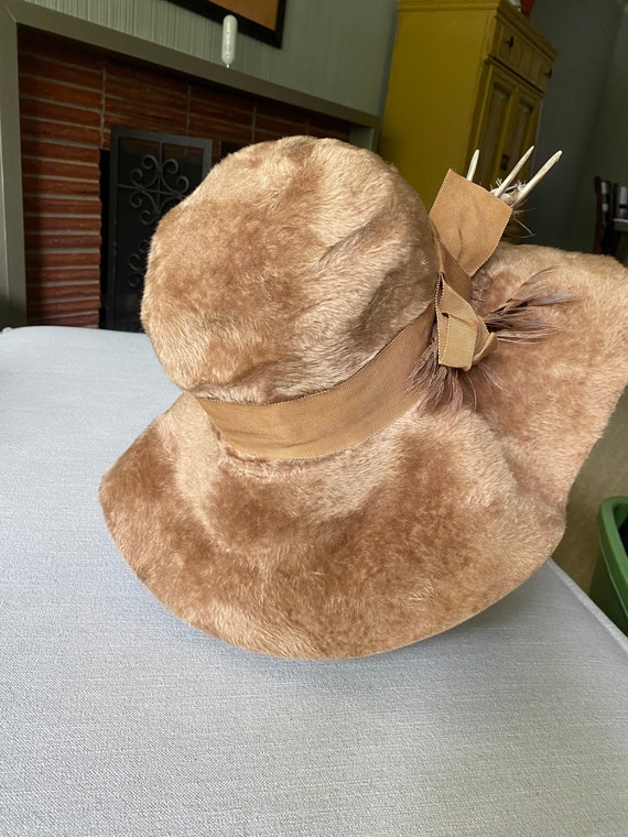 Vintage 1970's Brown Camel Fuzzy Wide Brim Slouch… - image 2