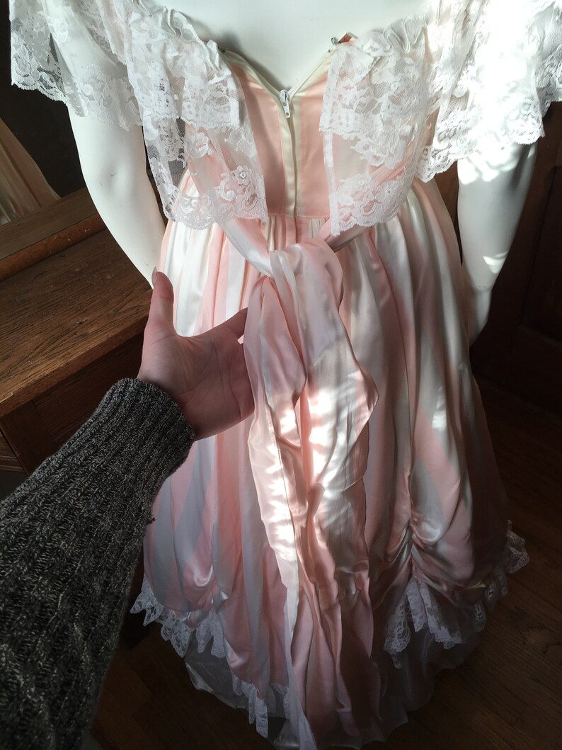 Size XS Vintage 1980/'s Pink and White Striped Gunne Sax Formal Tulle Party Dress with Lace and Bows
