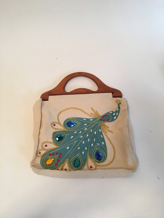 Vintage 1990's Blue Peacock Canvas Bag Purse with 