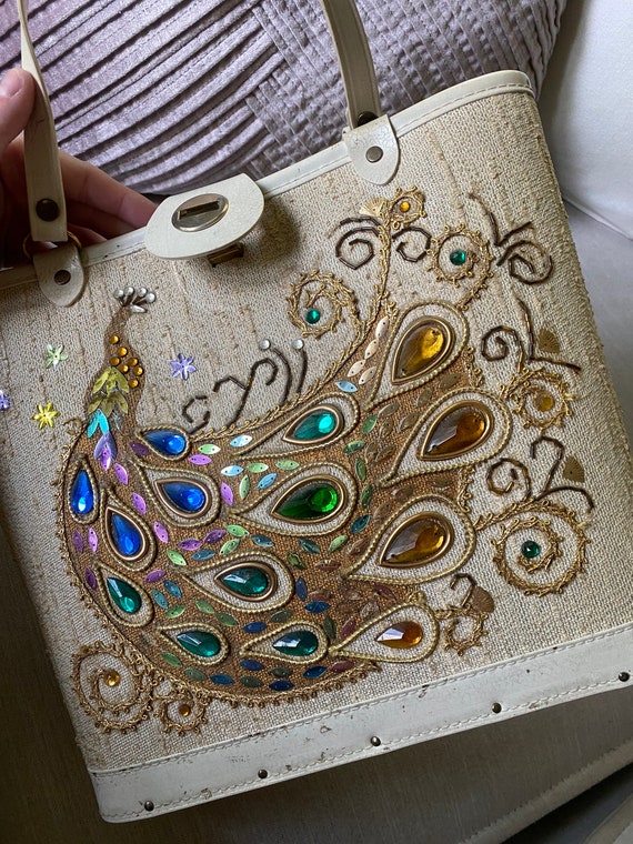 Vintage 1960's Jeweled Peacock Wood Bottom Purse - image 2