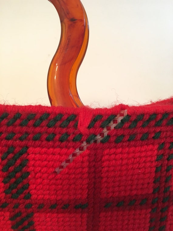 Vintage 1970's Red Plaid Woven Handmade Fringe Sa… - image 3