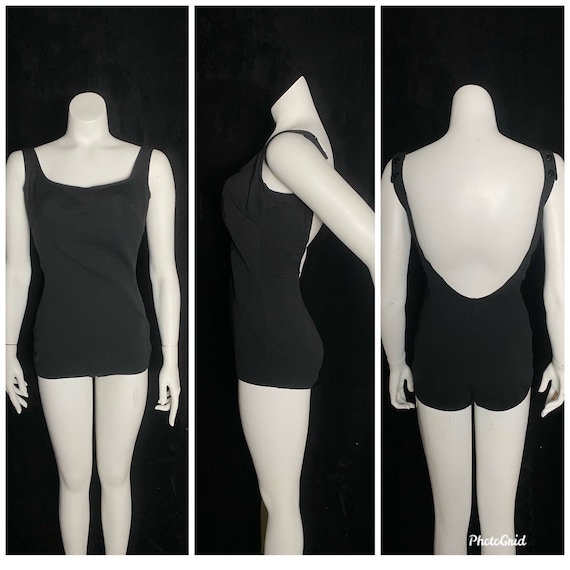 Vintage 1950 s 1960 s Black Ribbed One Piece Swimsuit Gem