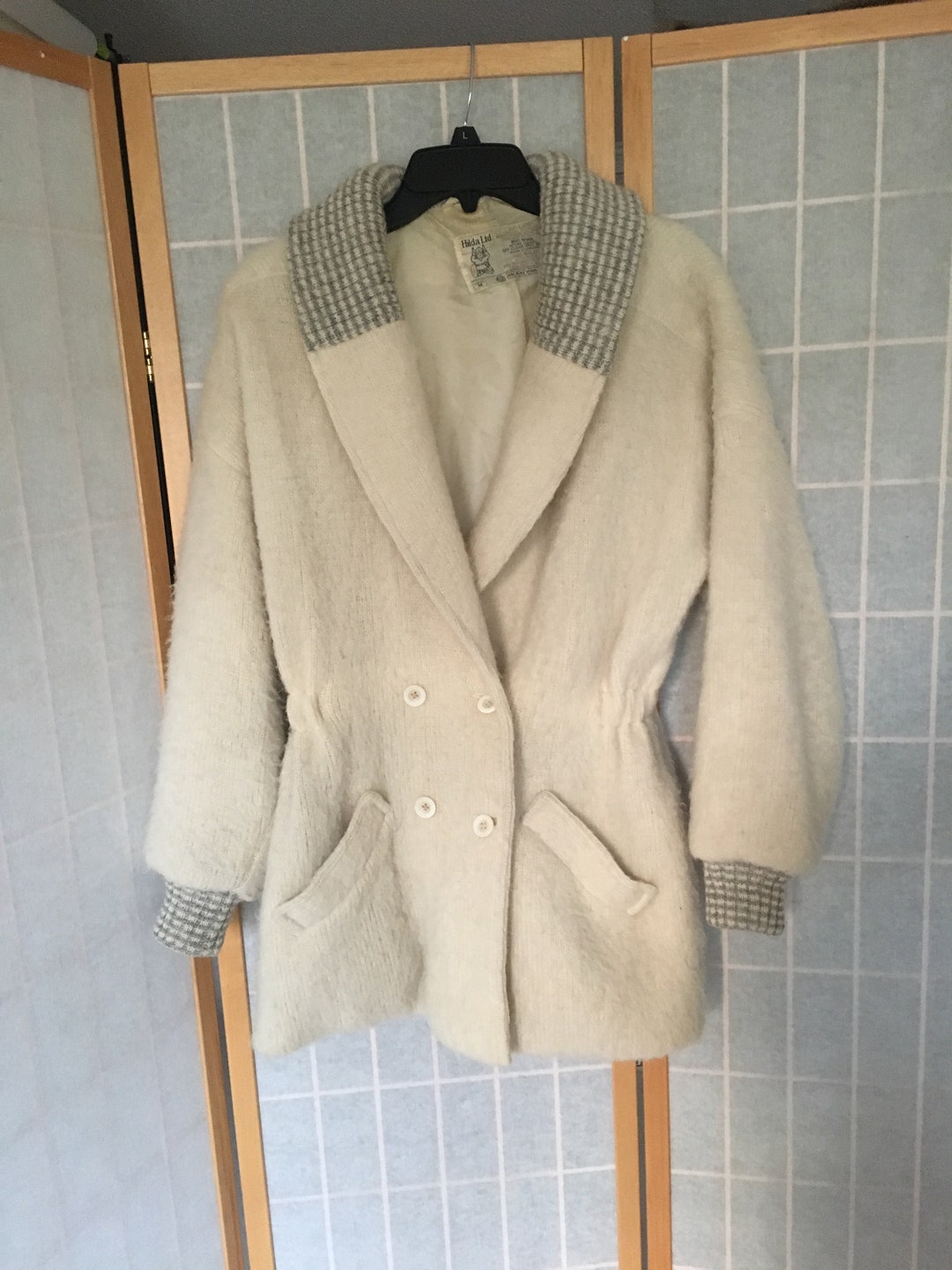 Vintage 1980's White Fuzzy White and Gray Double Breasted Jacket, Coat,  Medium -  Canada