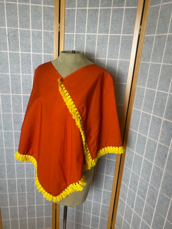 Vintage 1970’s orange and yellow fringe poncho, s… - image 2