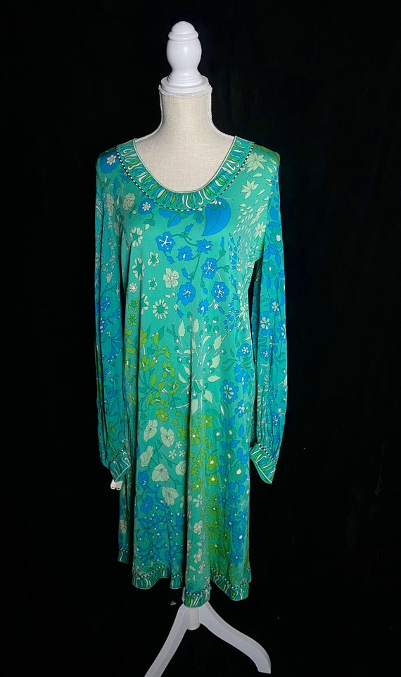 Vintage 1960’s green and blue silk shirt dress wi… - image 2