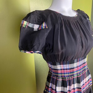 Vintage 1940s black dress with colorful plaid waist and puffy sleeves, size xs small image 2