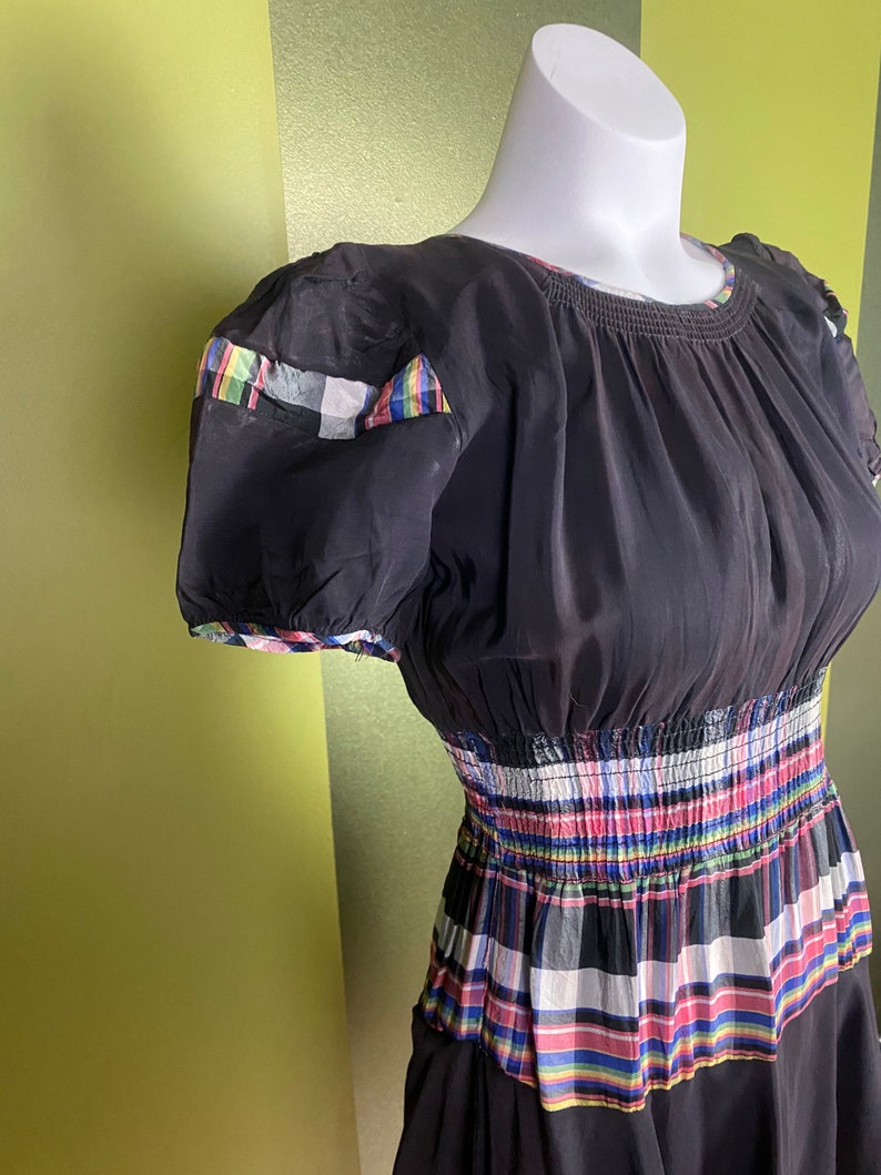 Vintage 1940s black dress with colorful plaid waist and puffy sleeves, size xs small image 2