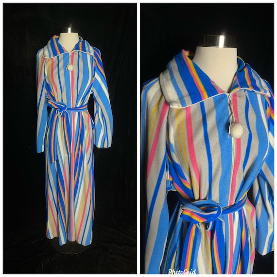 Vintage 1970’s colorful stripe fuzzy onesie robe,… - image 1